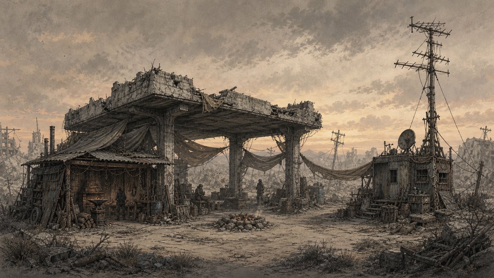 A wasteland camp at dusk, with an old signal tower in the distance